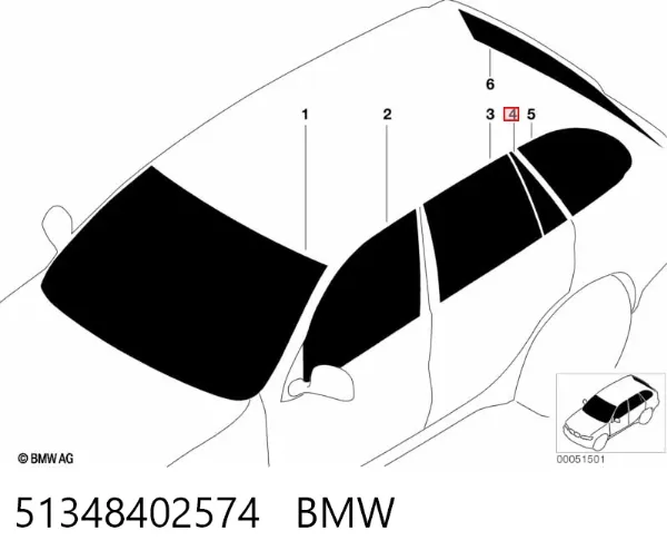 Скло-кватирка двері, задній, правій 51348402574 BMW