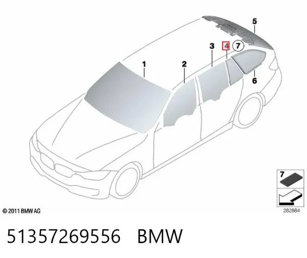 Скло-кватирка двері, задній, правій 51357269556 BMW