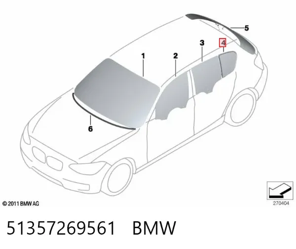 Скло-кватирка двері, задній, лівою 51357269561 BMW