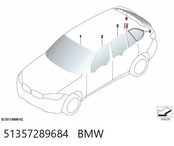 Скло-кватирка двері, задній, правій 51357289684 BMW