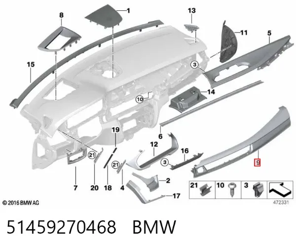 Молдинг (накладка) панелі приладів "торпедо", правий 51459270468 BMW