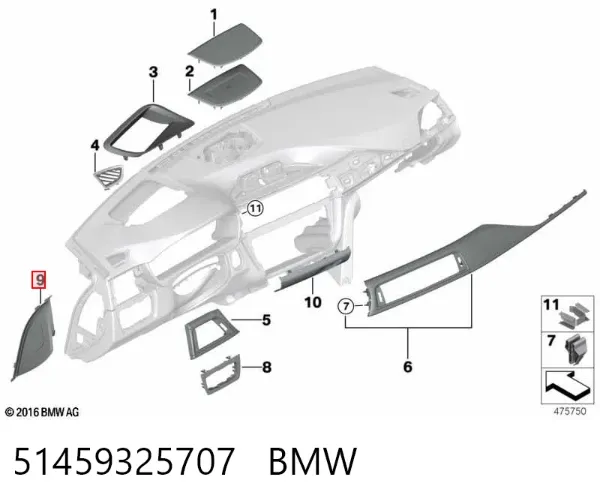 Кришка бічна панелі "торпедо", ліва 51459325707 BMW