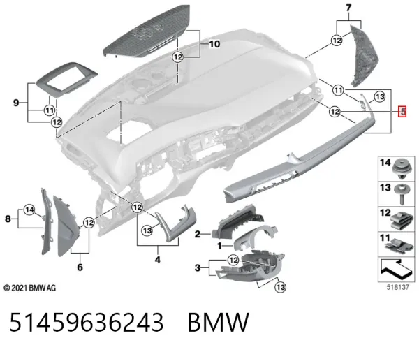 Молдинг (накладка) панелі приладів "торпедо", правий 51459636243 BMW