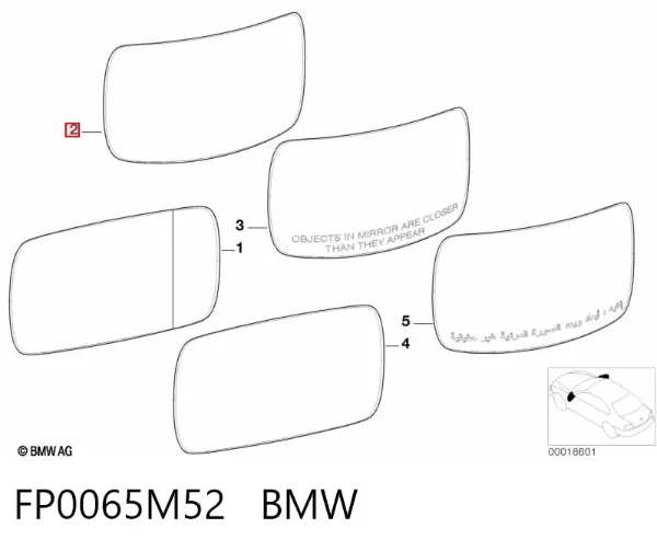 Дзеркальний елемент дзеркала заднього виду, правого FP0065M52 BMW