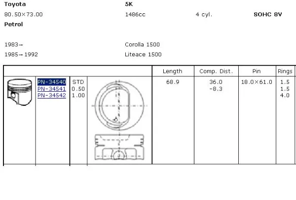 Поршень в комплекті на 1 циліндр, STD 1310313030 Toyota