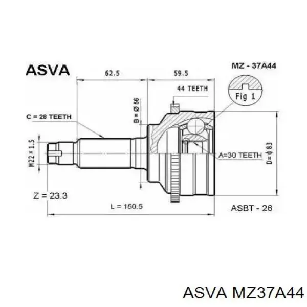 ШРУС зовнішній передній MZ37A44 Asva