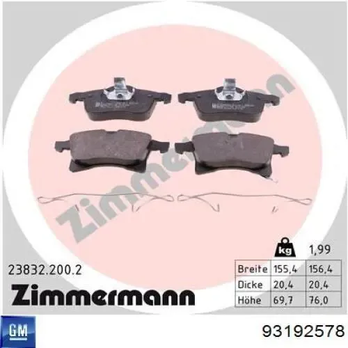 Передні тормозні колодки 93192578 General Motors