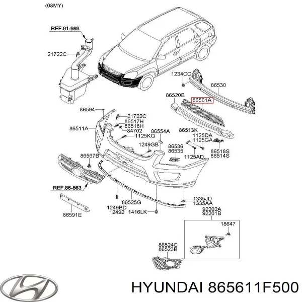Решітка переднього бампера 865611F500 Hyundai/Kia