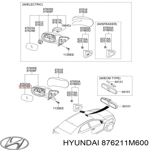 Дзеркальний елемент дзеркала заднього виду, правого 876211M600 Hyundai/Kia