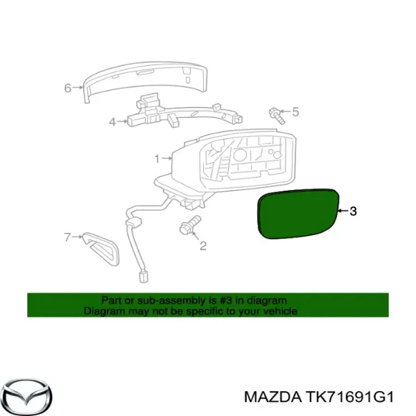 Дзеркальний елемент дзеркала заднього виду, правого TK71691G1 Mazda