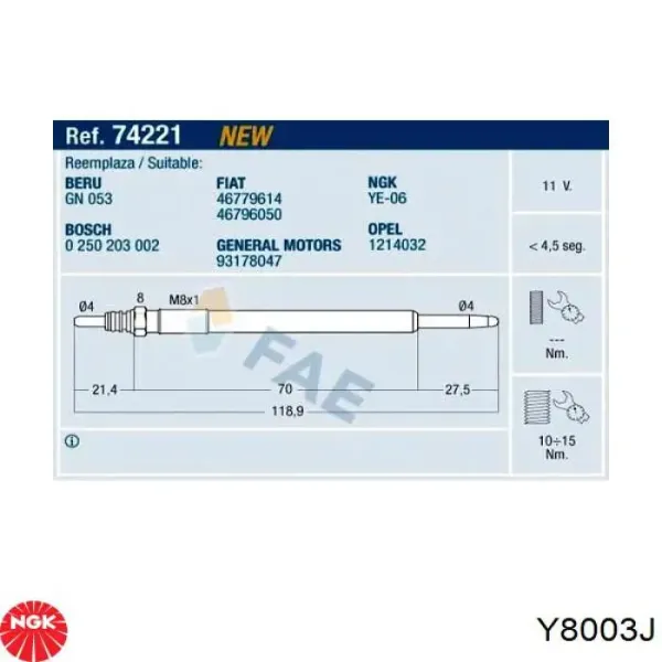 Свічка накалу Y8003J NGK