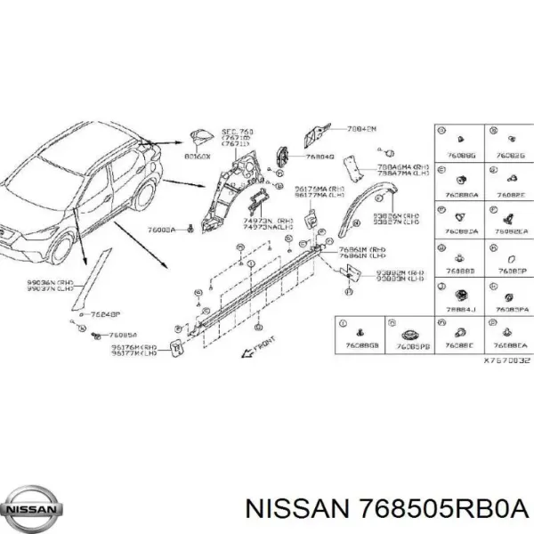 Накладка зовнішня (молдинг) порога, правий 768505RB0A Nissan/Infiniti