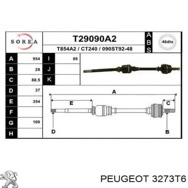 Піввісь права 3273T6 Peugeot/Citroen