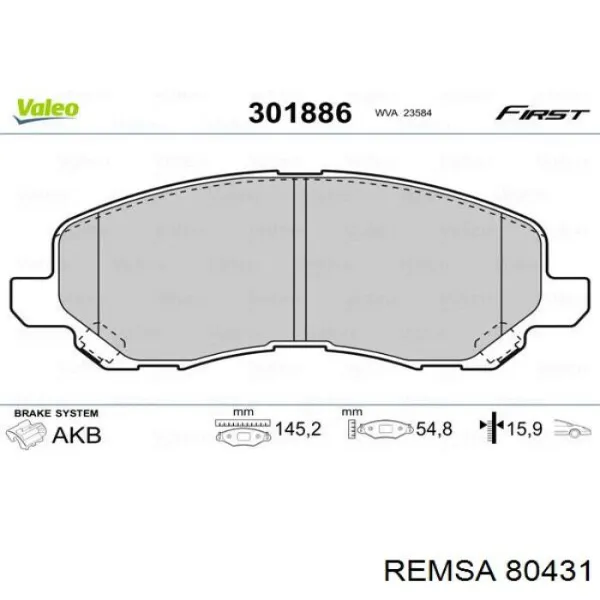 Передні тормозні колодки 80431 Remsa