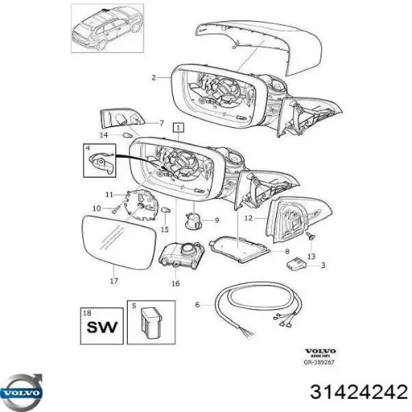 Дзеркальний елемент дзеркала заднього виду, правого 31424242 Volvo