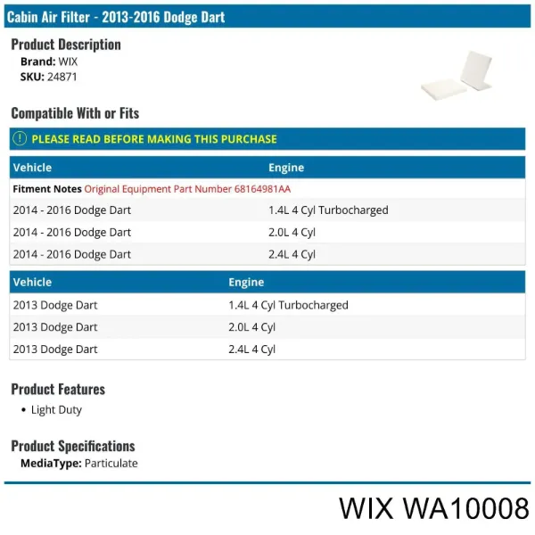 Повітряний фільтр WA10008 WIX