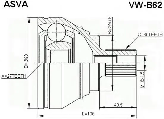 ШРУС зовнішній передній VWB62 Asva